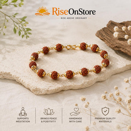Handmade Rudraksha Bead Bracelet | Golden Finish Spiritual Jewelry | Meditation & Yoga Bracelet | Natural Prayer Beads