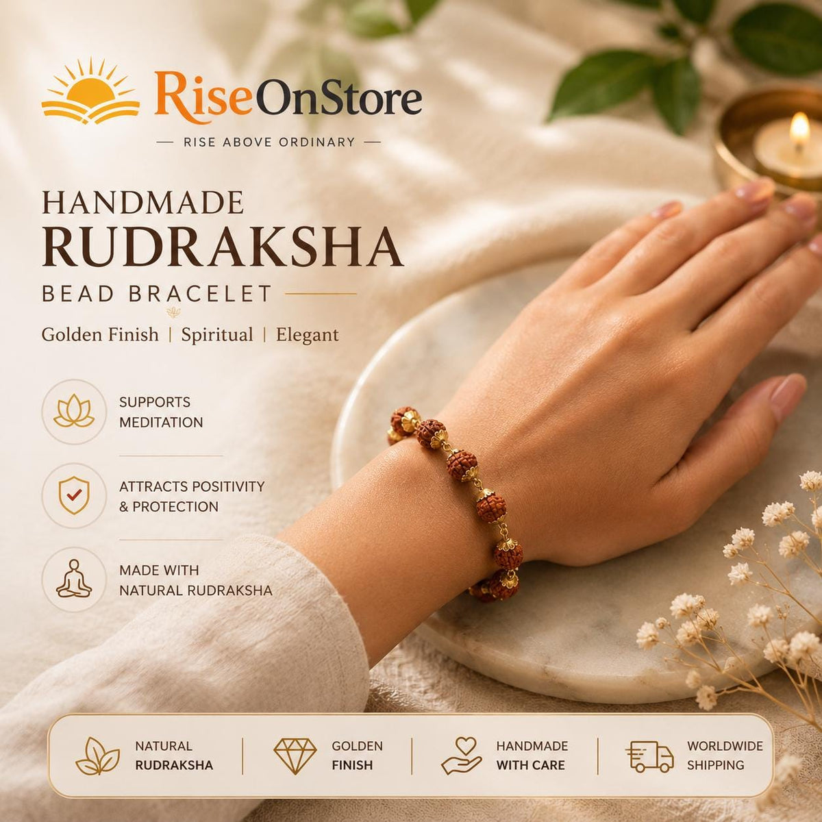 Handmade Rudraksha Bead Bracelet | Golden Finish Spiritual Jewelry | Meditation & Yoga Bracelet | Natural Prayer Beads