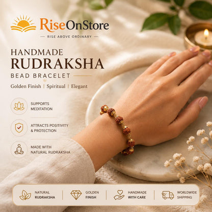 Handmade Rudraksha Bead Bracelet | Golden Finish Spiritual Jewelry | Meditation & Yoga Bracelet | Natural Prayer Beads