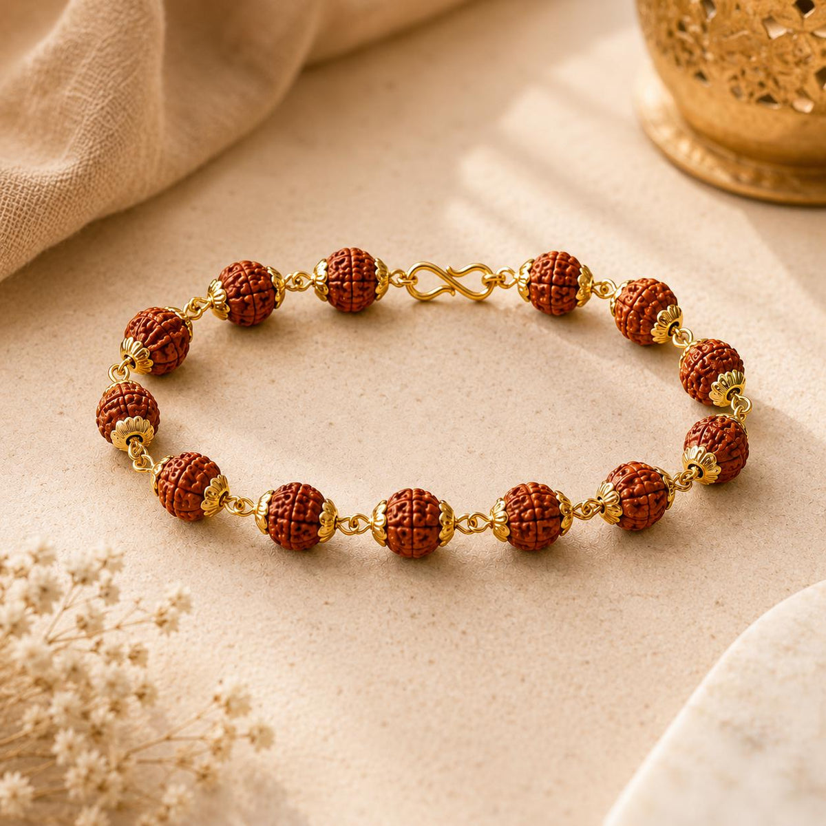 Handmade Rudraksha Bead Bracelet | Golden Finish Spiritual Jewelry | Meditation & Yoga Bracelet | Natural Prayer Beads