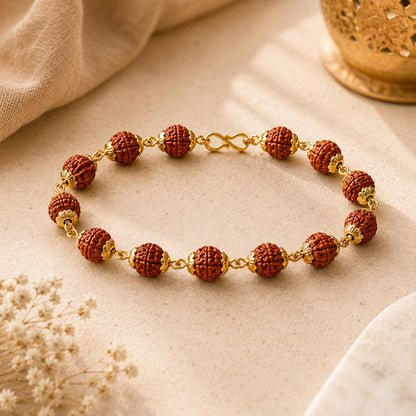 Handmade Rudraksha Bead Bracelet | Golden Finish Spiritual Jewelry | Meditation & Yoga Bracelet | Natural Prayer Beads