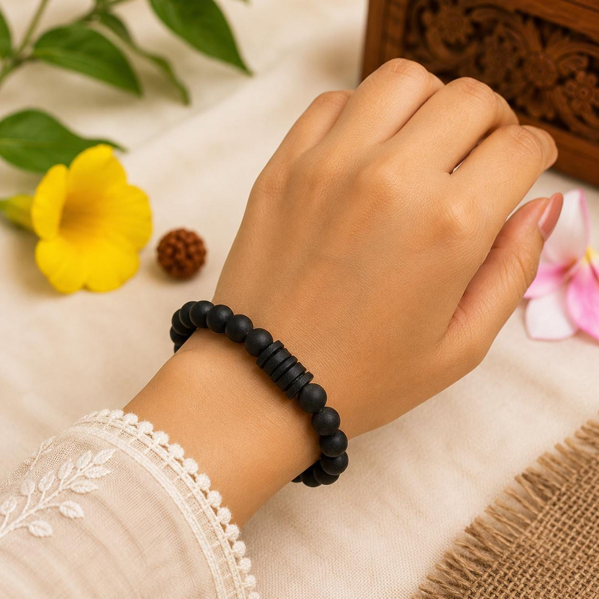 Karungali Ebony Wood Shiva Bracelet | Natural Wrist Mala, Damru Charm, Meditation Jewelry