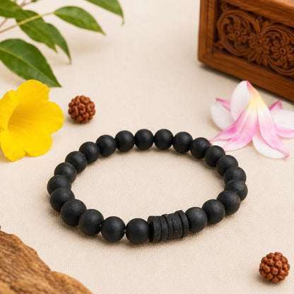 Karungali Ebony Wood Shiva Bracelet | Natural Wrist Mala, Damru Charm, Meditation Jewelry