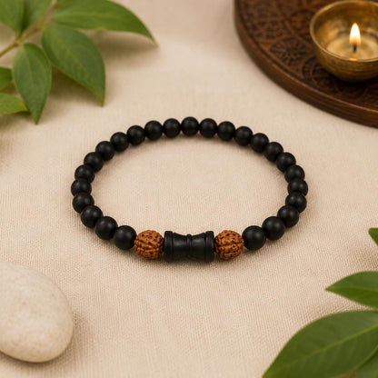Government Certified Karungali Rudraksha Damru Bracelet | Black Ebony Wood, Shiva Charm