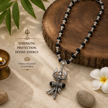 Shiv Shakti Trishul Pendant | Natural Karungali Ebony Wood Mala Necklace