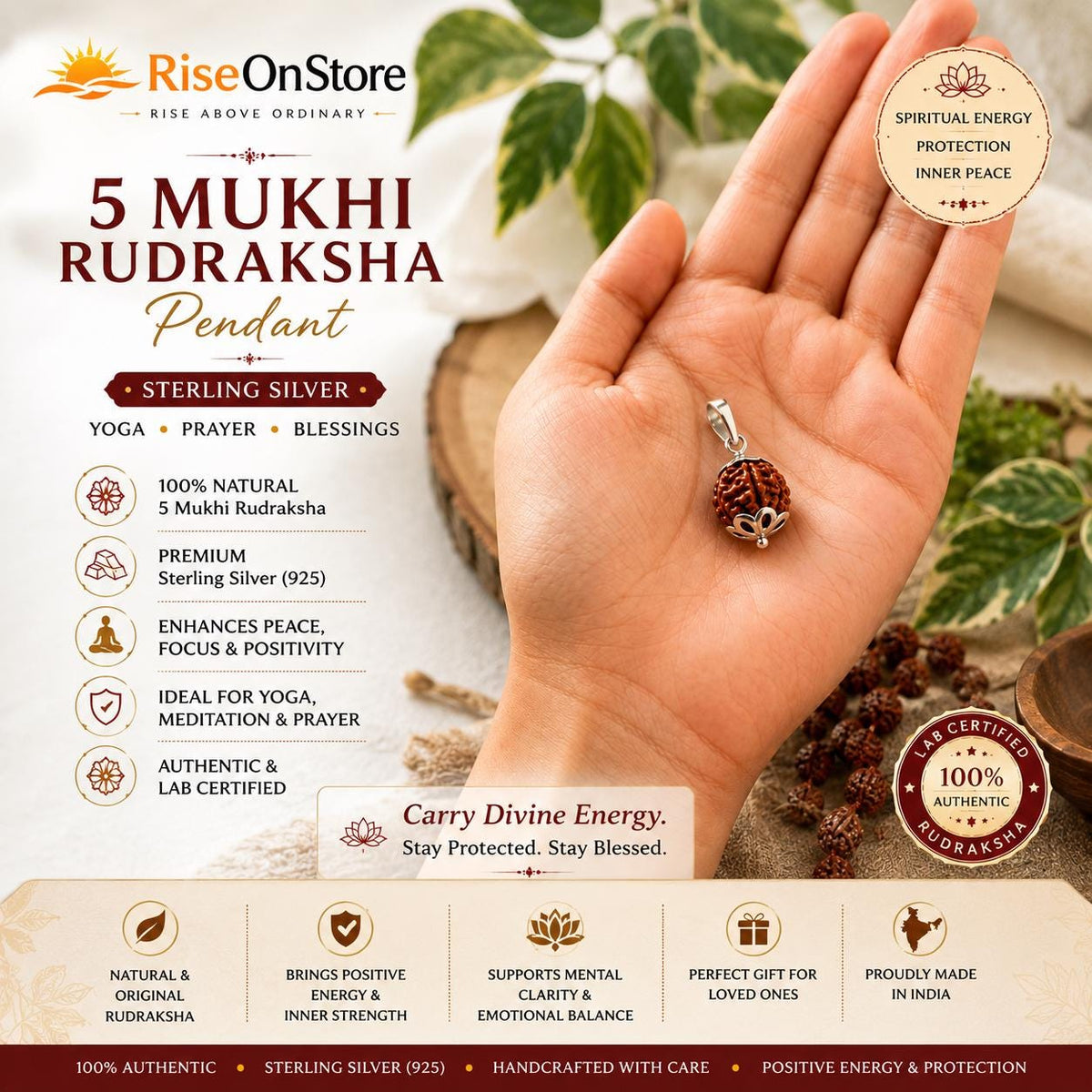 Sterling Silver 5 Mukhi Rudraksha Pendant | Natural Prayer Bead Yoga Jewelry