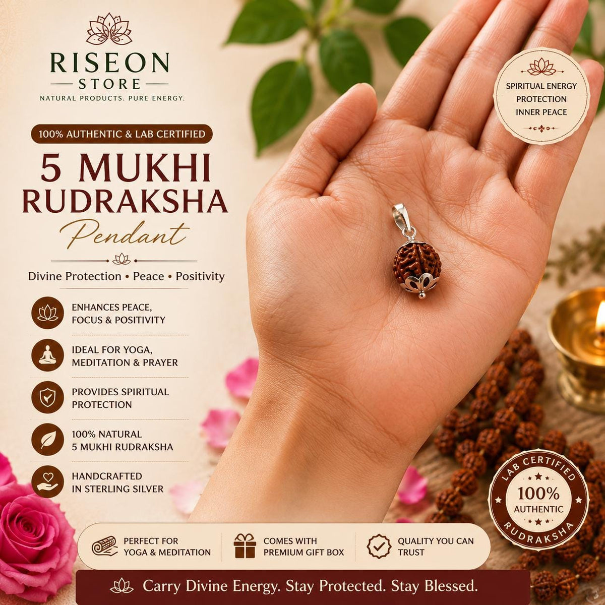 Sterling Silver 5 Mukhi Rudraksha Pendant | Natural Prayer Bead Yoga Jewelry