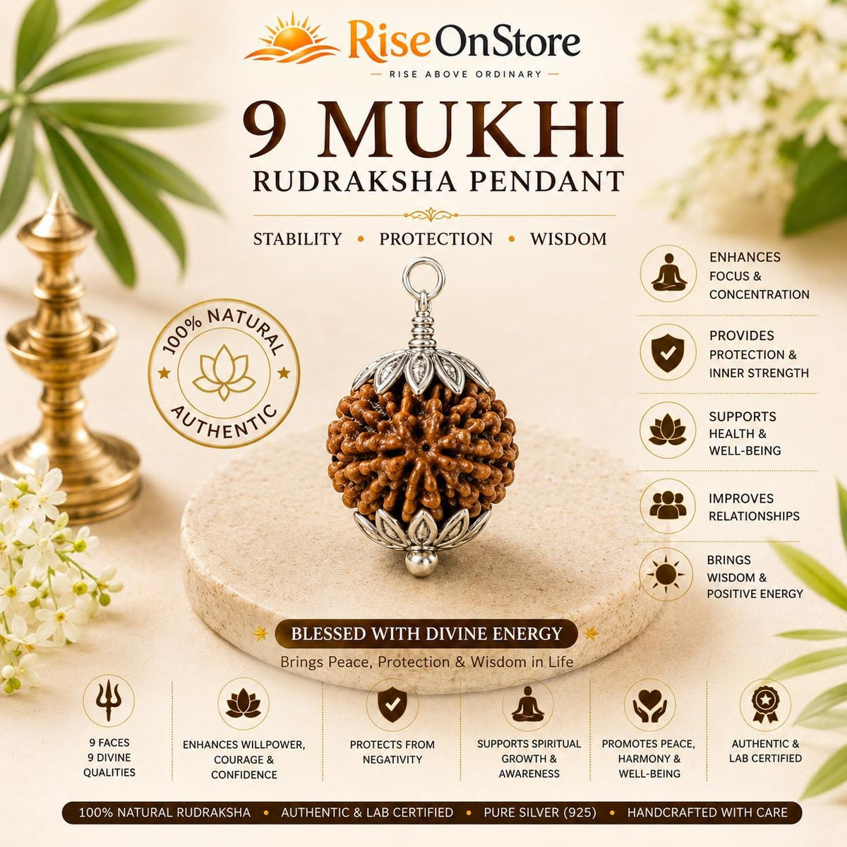 9 Mukhi Rudraksha Pendant | Natural Nine Face Bead, Silver Cap, Durga Symbol
