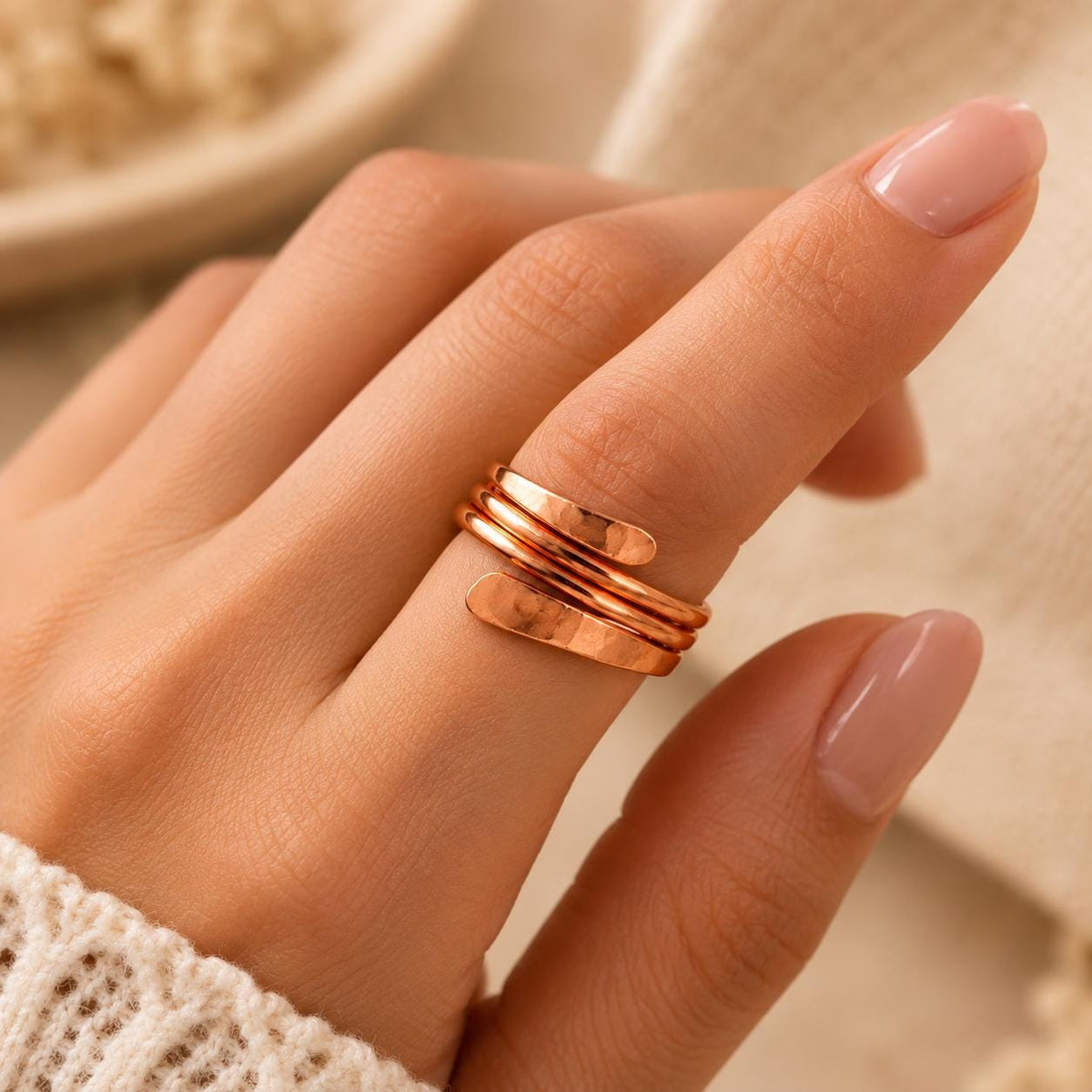 Pure Copper Hammered Ring | Adjustable Open Wrap Band, Minimalist Unisex Jewelry