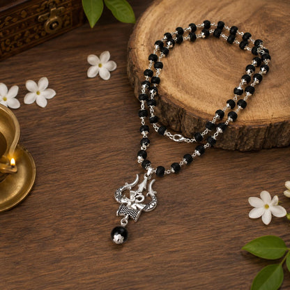 Natural Karungali Wood Mala Necklace | Trishul Pendant, Prayer Beads, Unisex Spiritual Accessory