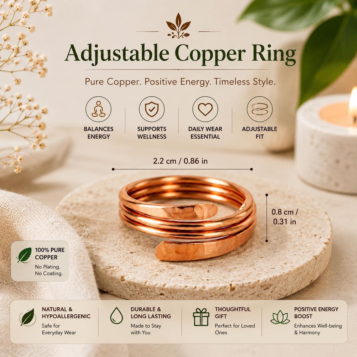 Pure Copper Hammered Ring | Adjustable Open Wrap Band, Minimalist Unisex Jewelry