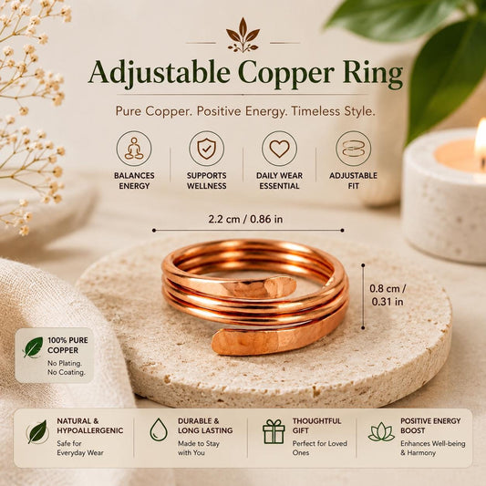 Pure Copper Hammered Ring | Adjustable Open Wrap Band, Minimalist Unisex Jewelry