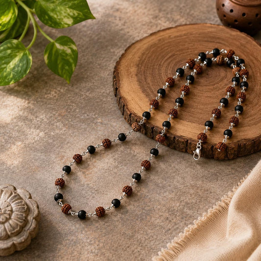 Rudraksha Karungali Mala with Silver Capping | Handmade Spiritual Necklace