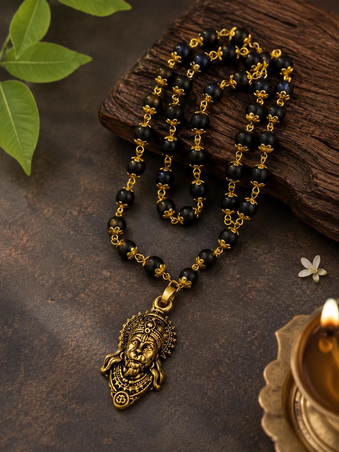 Black Rudraksha Mala with Gold Hanuman Pendant | Hindu Prayer Beads Necklace