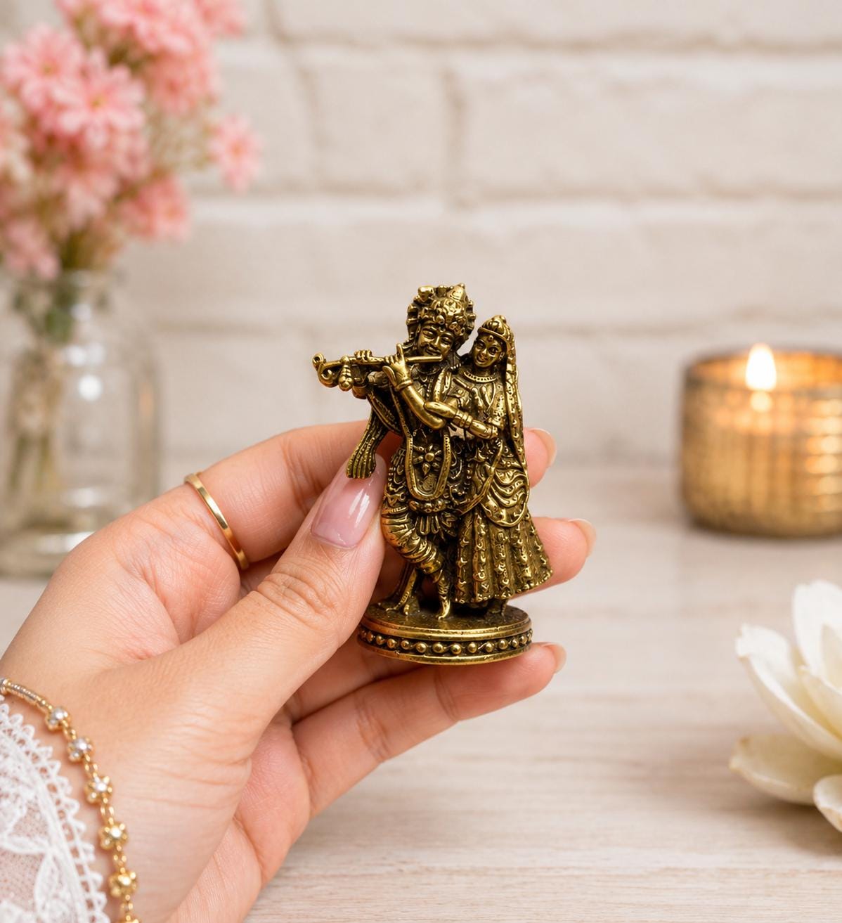 Mini Brass Radha Krishna Idol, 1.5 Inch Handcrafted Hindu Murti, Home Temple Puja Gift