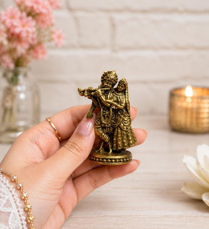 Mini Brass Radha Krishna Idol, 1.5 Inch Handcrafted Hindu Murti, Home Temple Puja Gift