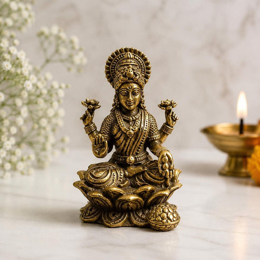 Mini Brass Goddess Lakshmi Idol, Antique Finish Murti, Hindu Altar Decor (1.2 x 0.8 Inch)