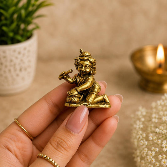 Mini Brass Laddu Gopal Idol with Butter Pot, Handcrafted Baby Krishna Murti