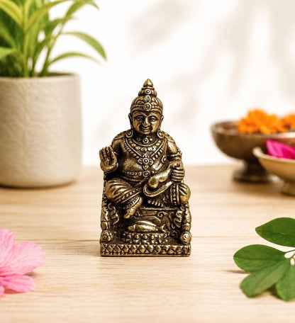 Miniature Brass Kubera Statue | Lord of Wealth Figurine, Home Temple Decor