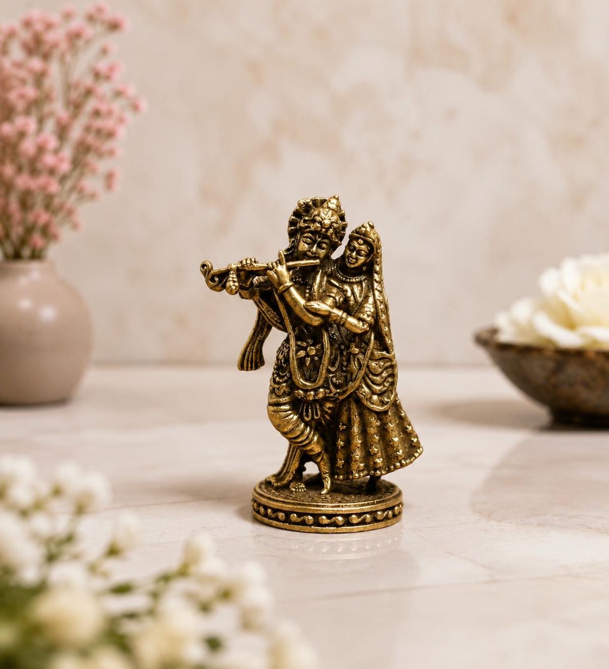 Mini Brass Radha Krishna Idol, 1.5 Inch Handcrafted Hindu Murti, Home Temple Puja Gift