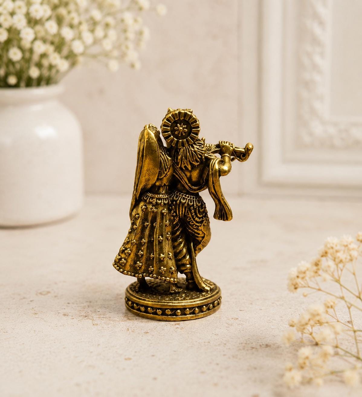 Mini Brass Radha Krishna Idol, 1.5 Inch Handcrafted Hindu Murti, Home Temple Puja Gift