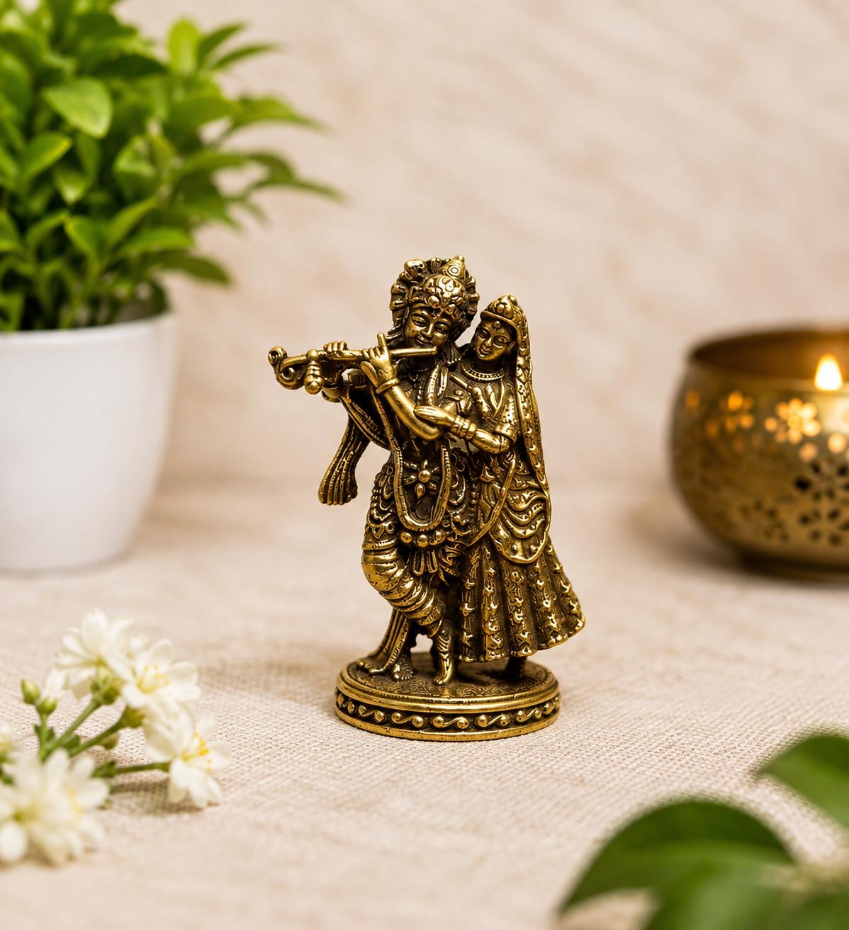 Mini Brass Radha Krishna Idol, 1.5 Inch Handcrafted Hindu Murti, Home Temple Puja Gift