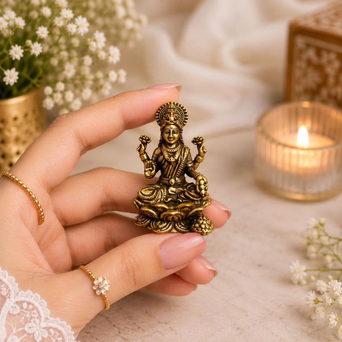 Mini Brass Goddess Lakshmi Idol, Antique Finish Murti, Hindu Altar Decor (1.2 x 0.8 Inch)