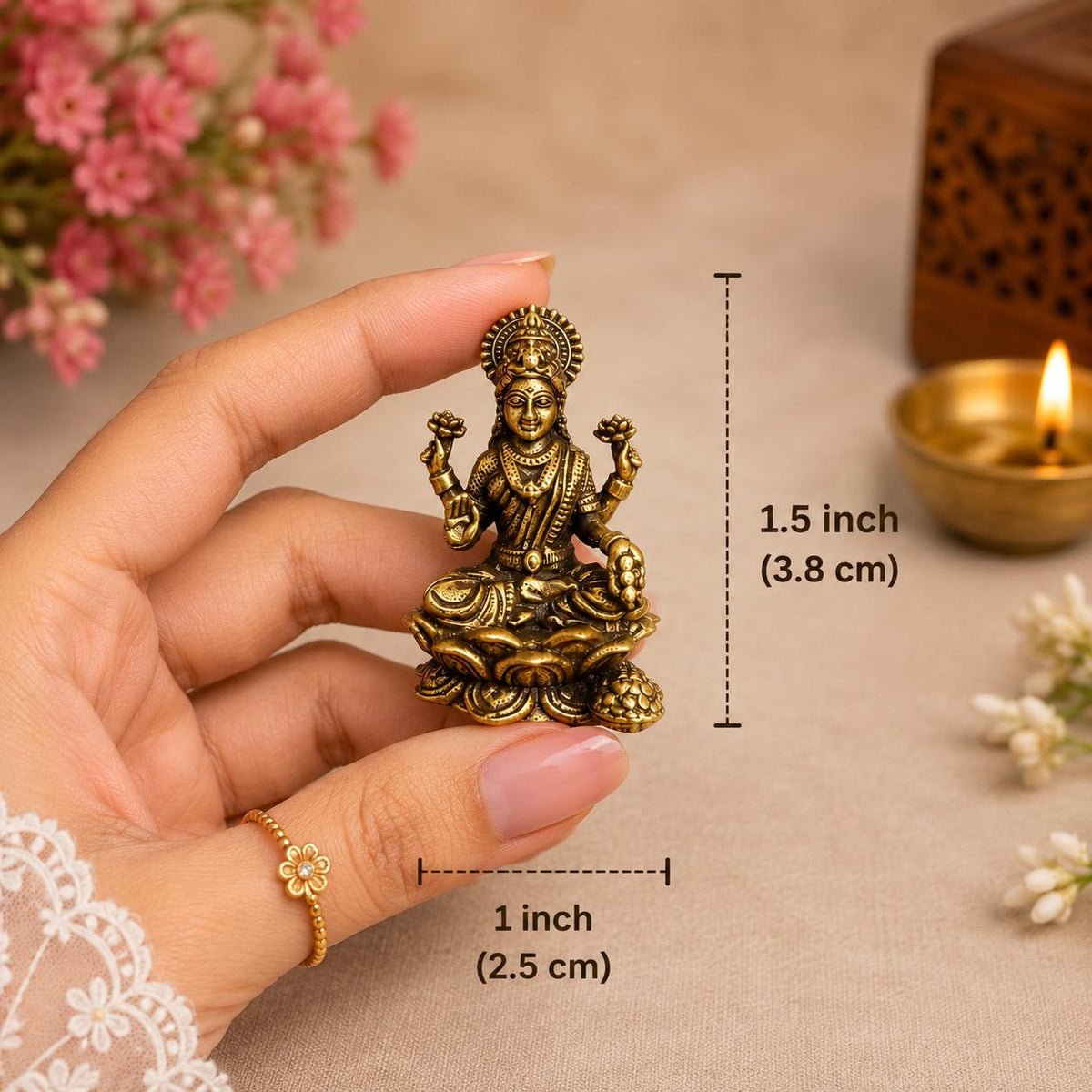 Mini Brass Goddess Lakshmi Idol, Antique Finish Murti, Hindu Altar Decor (1.2 x 0.8 Inch)