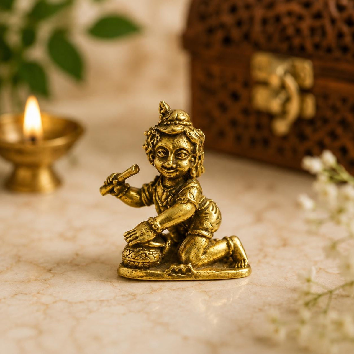 Mini Brass Laddu Gopal Idol with Butter Pot, Handcrafted Baby Krishna Murti