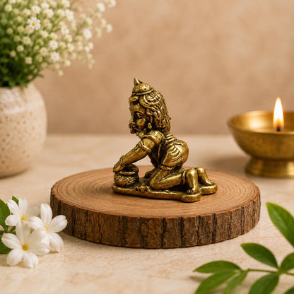 Mini Brass Laddu Gopal Idol with Butter Pot, Handcrafted Baby Krishna Murti