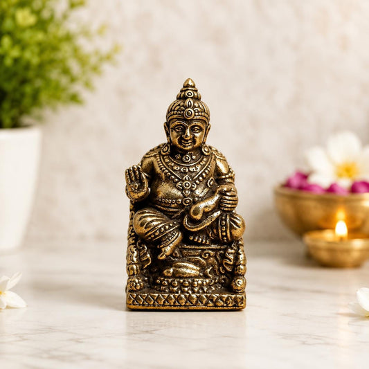 Miniature Brass Kubera Statue | Lord of Wealth Figurine, Home Temple Decor