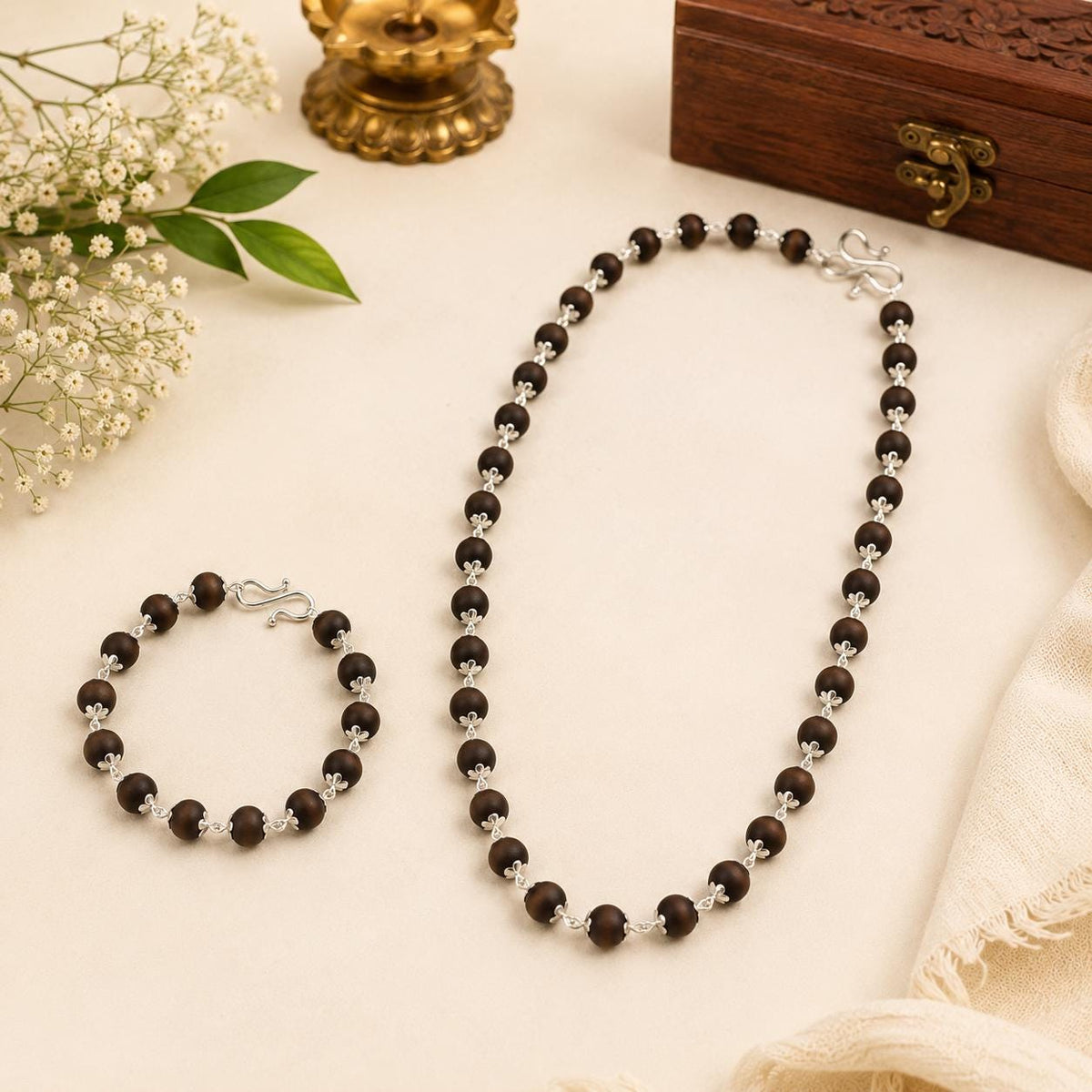 Karungali Ebony Wood Mala Bracelet Combo | 54 Beads, Silver Caps