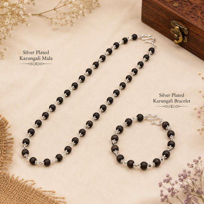 Karungali Ebony Wood Mala Bracelet Combo | 54 Beads, Silver Caps