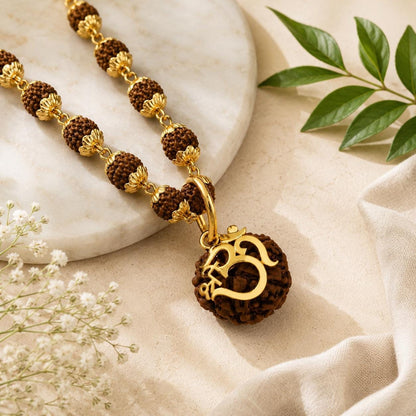 Om Rudraksha Pendant Necklace – Gold-Tone Om Charm, Sacred Mala Beads