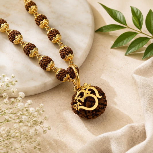 Om Rudraksha Pendant Necklace – Gold-Tone Om Charm, Sacred Mala Beads