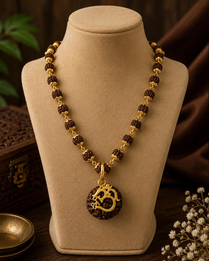 Om Rudraksha Pendant Necklace – Gold-Tone Om Charm, Sacred Mala Beads