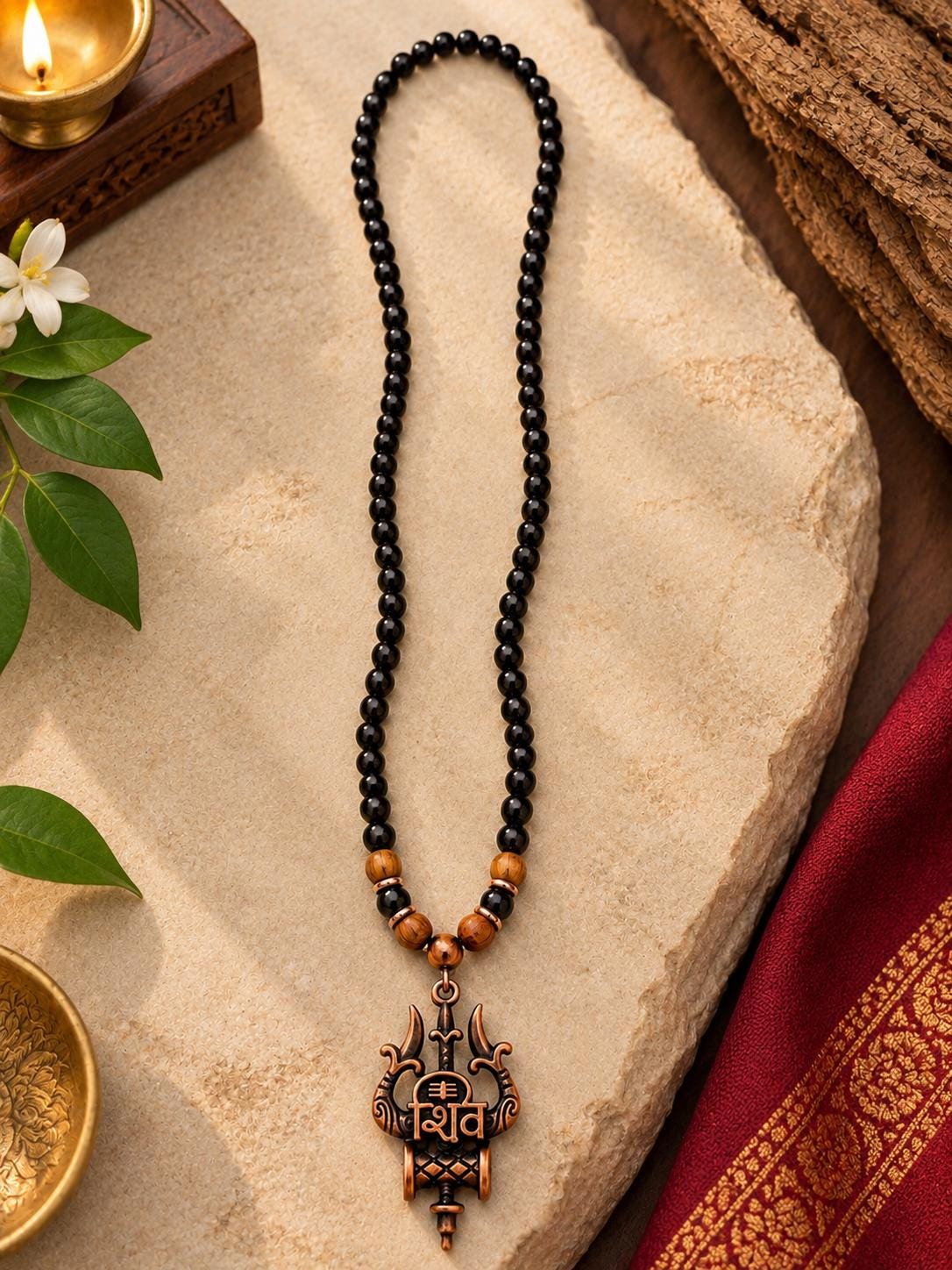 Om Shiv Trishul Pendant Black Bead Mala – Silver-Finish Mahadev Necklace | Shiva Spiritual Prayer Beads