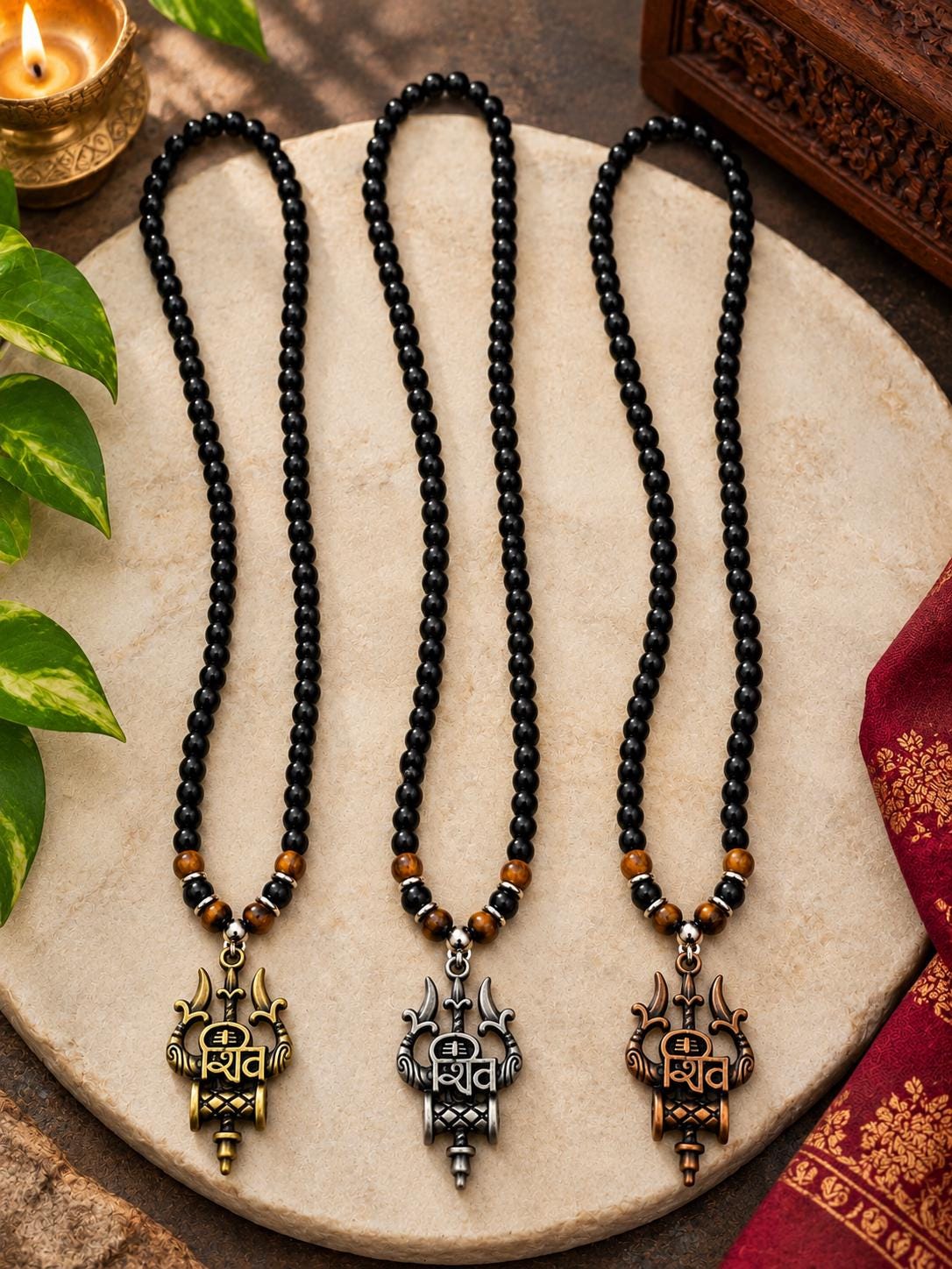 Om Shiv Trishul Pendant Black Bead Mala – Silver-Finish Mahadev Necklace | Shiva Spiritual Prayer Beads