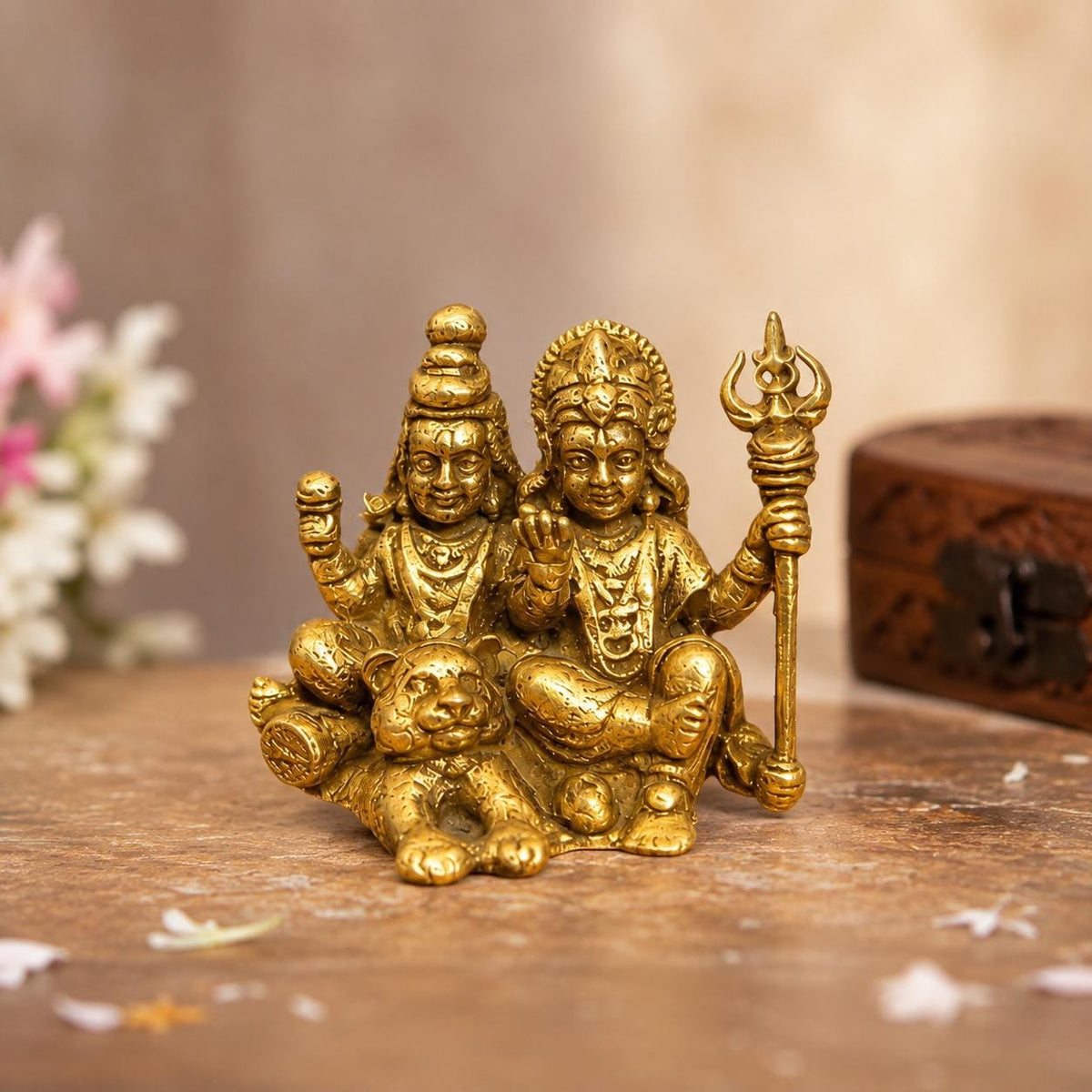 Mini Brass Shiv Parvati Idol with Nandi – Handcrafted Hindu Murti, Approx. 1 Inch