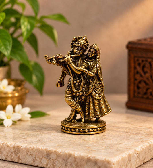 Mini Brass Radha Krishna Idol, 1.5 Inch Handcrafted Hindu Murti, Home Temple Puja Gift