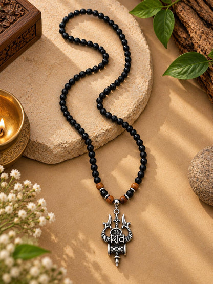 Om Shiv Trishul Pendant Black Bead Mala – Silver-Finish Mahadev Necklace | Shiva Spiritual Prayer Beads