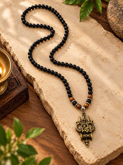 Om Shiv Trishul Pendant Black Bead Mala – Silver-Finish Mahadev Necklace | Shiva Spiritual Prayer Beads
